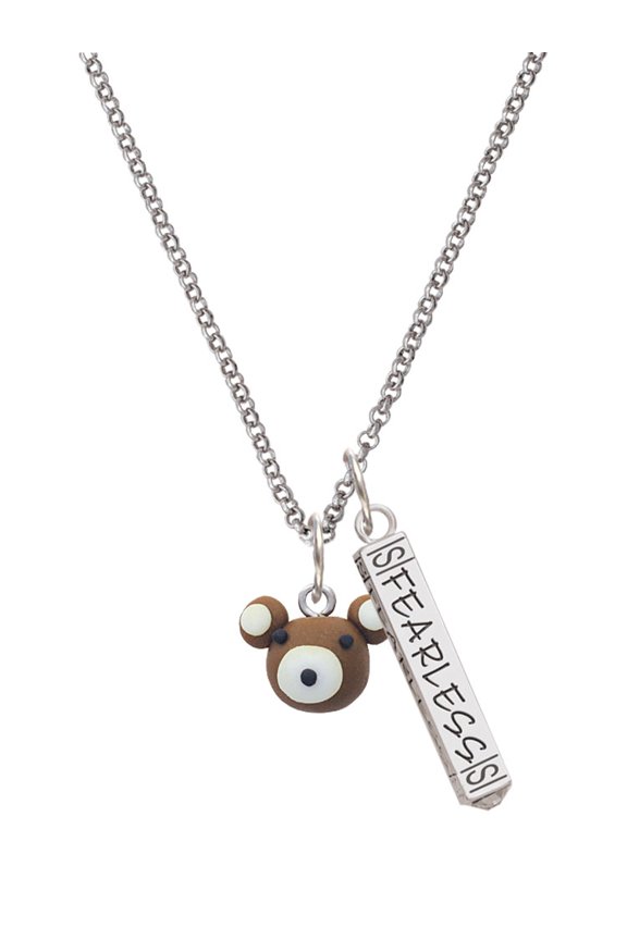 Fimo Clay Teddy Bear Silvertone Fearless Bar Charm Necklace, 23"