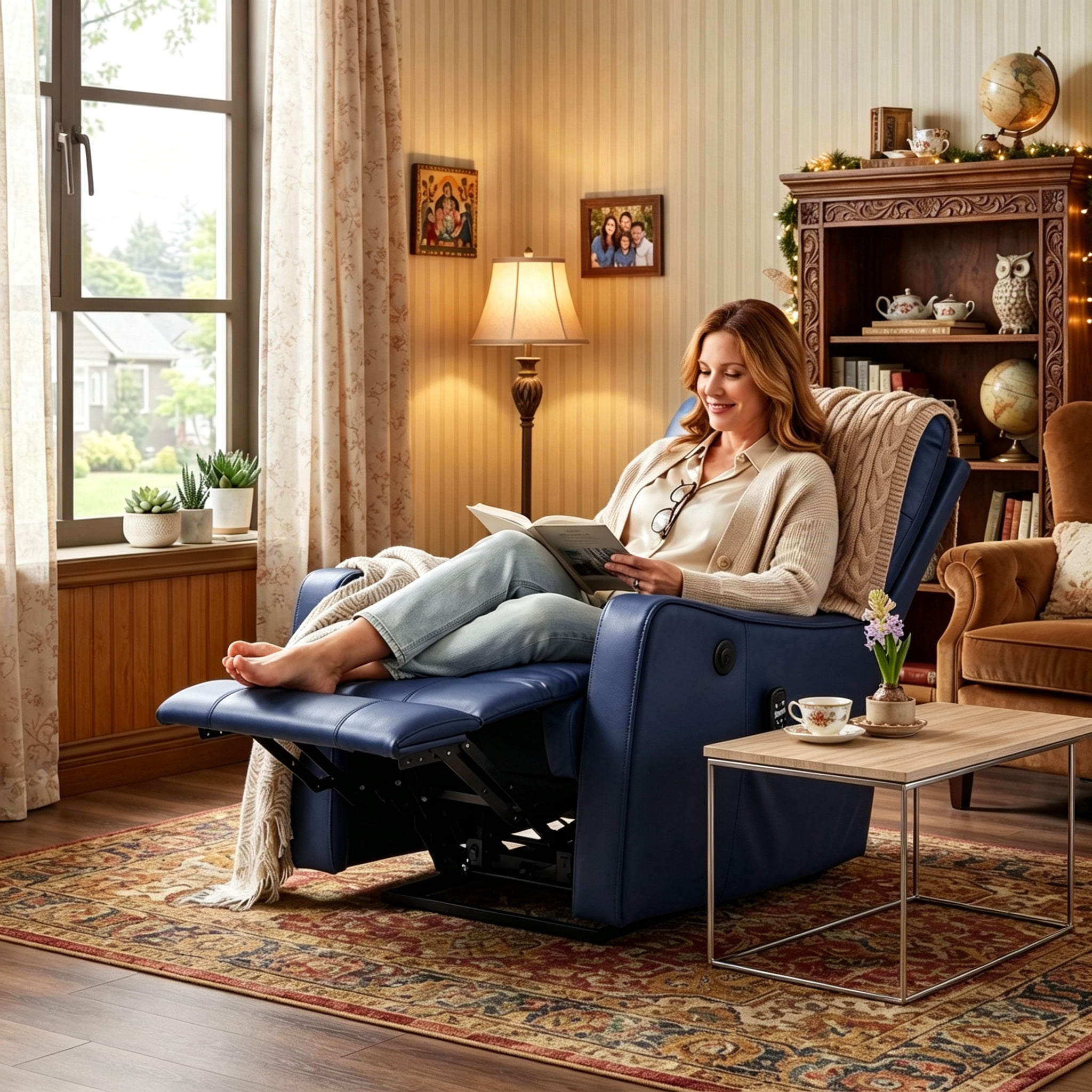 Aukfa Leather Power Lift Recliner Chair for Elderly, Single Motor Electric Chair with Massage, Heat & USB Charging Port, Blue