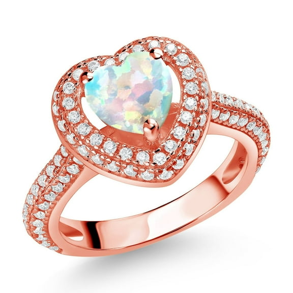 Gem Stone King 18K Rose Gold Plated Silver White Opal and White Moissanite Heart Shape Ring for Women (1.37 Cttw, Size 9)
