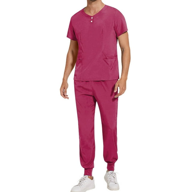 Leodye Pantalon à Cordon avec Poches pour Homme, Couleur Unie, Séchage Rapide, Col Rond, Tenue de Protection pour Docteur, Haut à Boutons à Manches Courtes, Rose Vif 10 (TG)