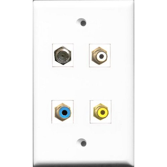 RiteAV 1 Port RCA White and 1 Port RCA Yellow and 1 Port RCA Blue and 1 Port Coax Cable TV- F-Type Wall Plate