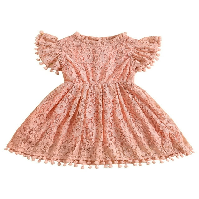 Robe Trapèze pour Tout-Petites Filles, Manches Courtes, Col Rond, Dentelle Florale à Franges, Robes de Fête