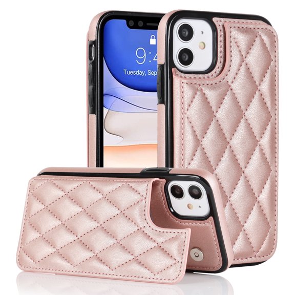 for iPhone 11 Wallet Case with Card Holder RFID Blocking, Kickstand Card Slots Case, Dimaond Patterned Elegent PU Leather,Double Back Flip Magnetic Clasp and Durable Shockproof Cover,Rosegold