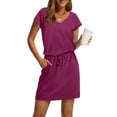 thumbnail image 6 of Summer Dresses for Women 2025 V Neck T Shirt Casual Solid Mini Dresses Tie Waist Sundresses with Pockets, 6 of 6