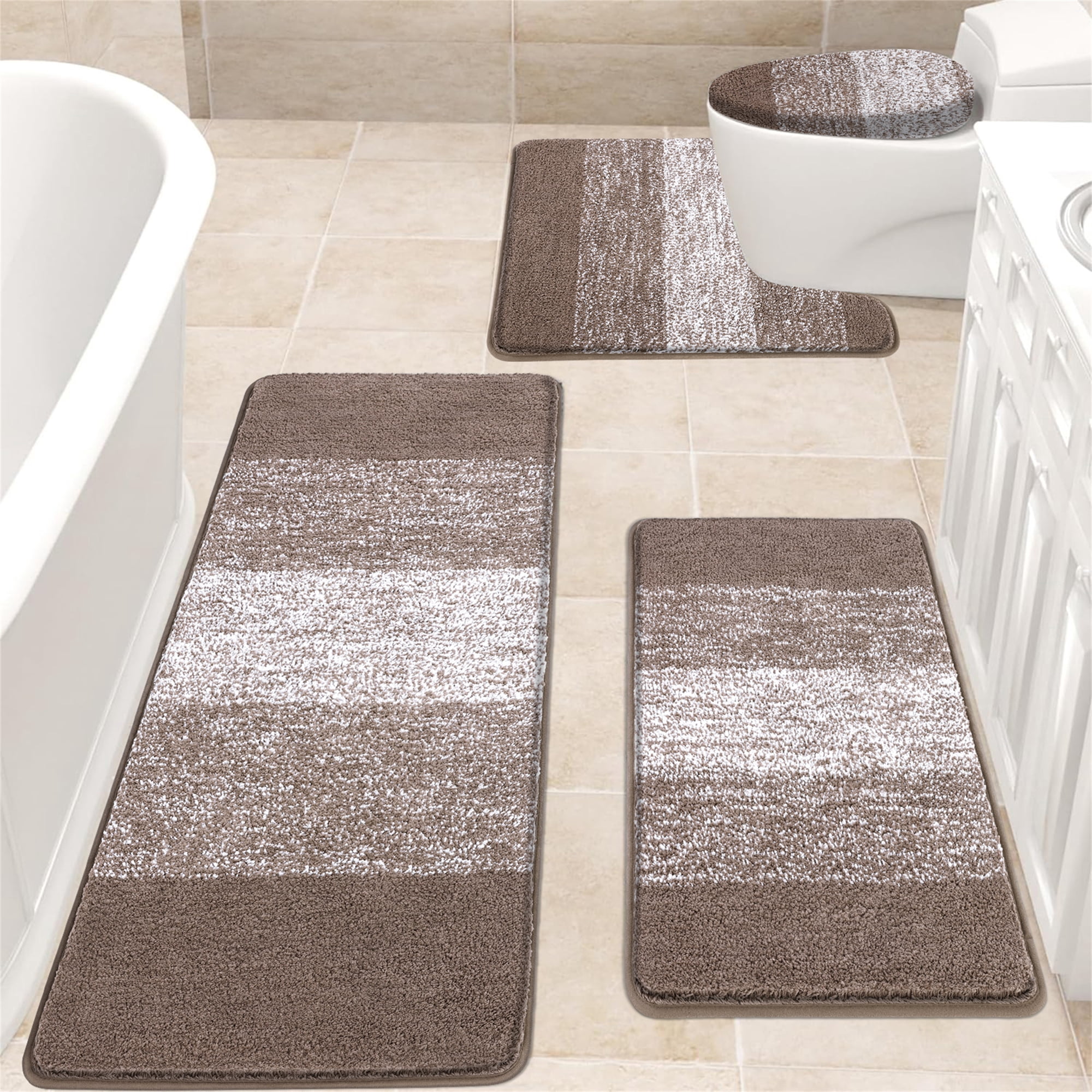 Ileading Traditional 4 Piece Microfiber Washable Bathroom Rug Set, Coffee