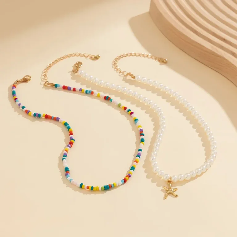 Xeyise Women Necklace 26 Alphabets Faux Pearl Starfish Decor Bohemian Beach Style Adjustable Length Party Club Choker Neck Ocean Jewelry