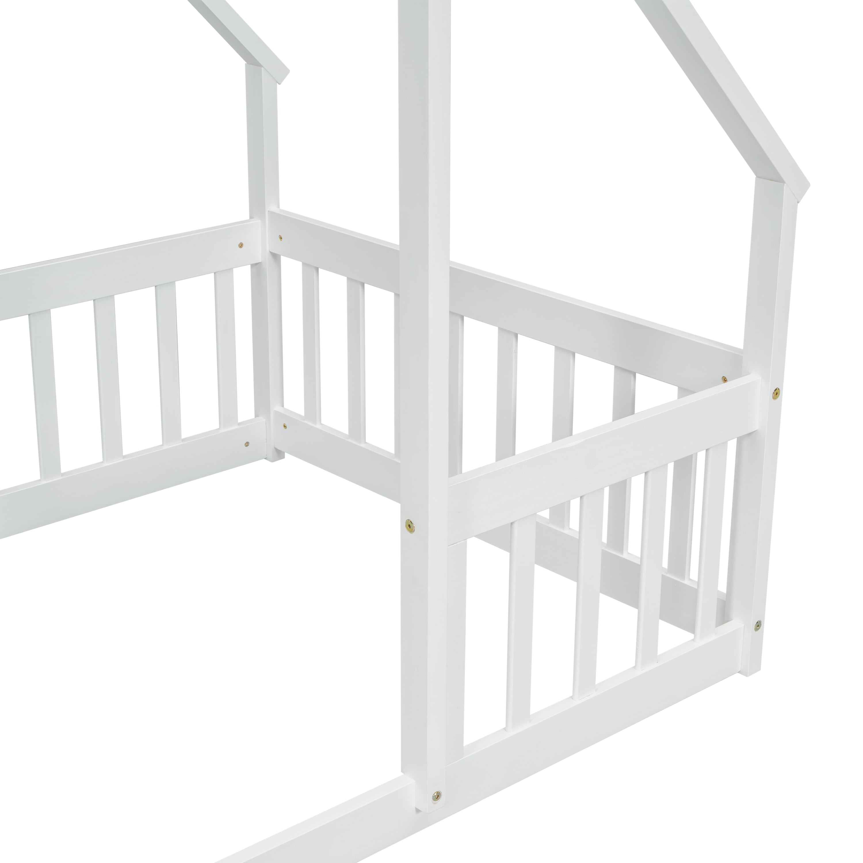 Kumix House-Shaped Floor Bed with Fence Guardrails and Roof, Twin Size Floor Bed Frame for Boys & Girls, Wooden Playhouse Bed Frame, Twin Floor Bed Montessori House Bed Frame, White