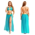 thumbnail image 5 of YiZYiF Women's Belly Dance Costume Halter Crop Top with Sequin Tassel Split Mesh Long Skirt 2Pcs Set Sky Blue A XL, 5 of 6