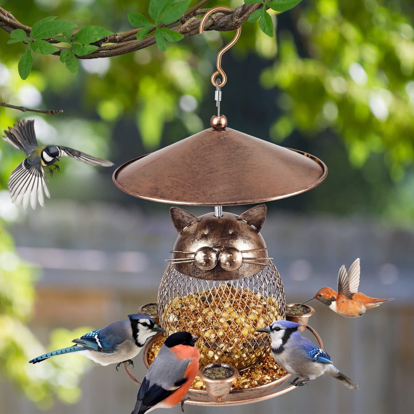 Bird Feeder for Outdoor, Squirrel Proof Metal Wild Bird Feeder Decoration for Hanging Outside Garden Yard, Cute Cat-Shaped