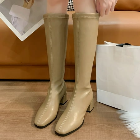 

eczipvz Womens Shoes Boots for Women Fashion Women Artificial Leather Solid Color Autumn Thick Sole Square Heels Tan Boots for Women Knee High Wide Calf Khaki-7.5