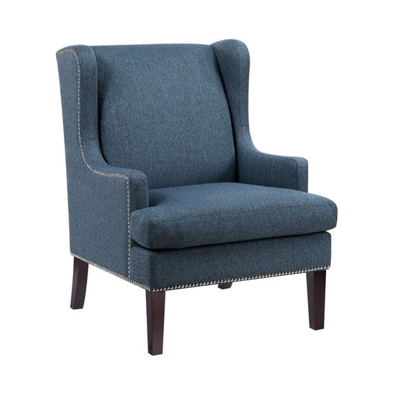 Rossana Accent Wing Armchair- Blue Polyester- Brown Wood- Nailhead