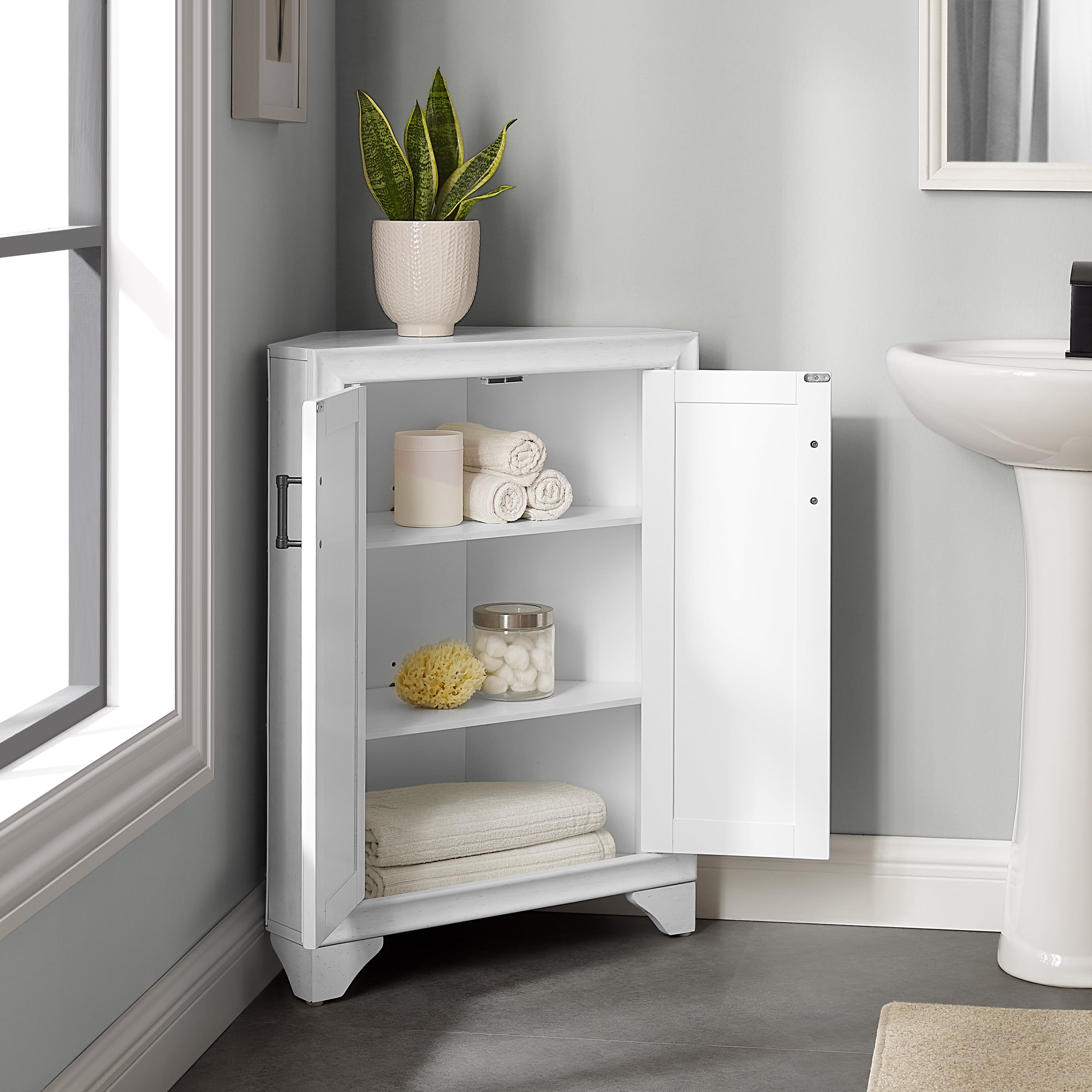 Crosley Furniture Tara Corner Storage Cabinet, Distressed White