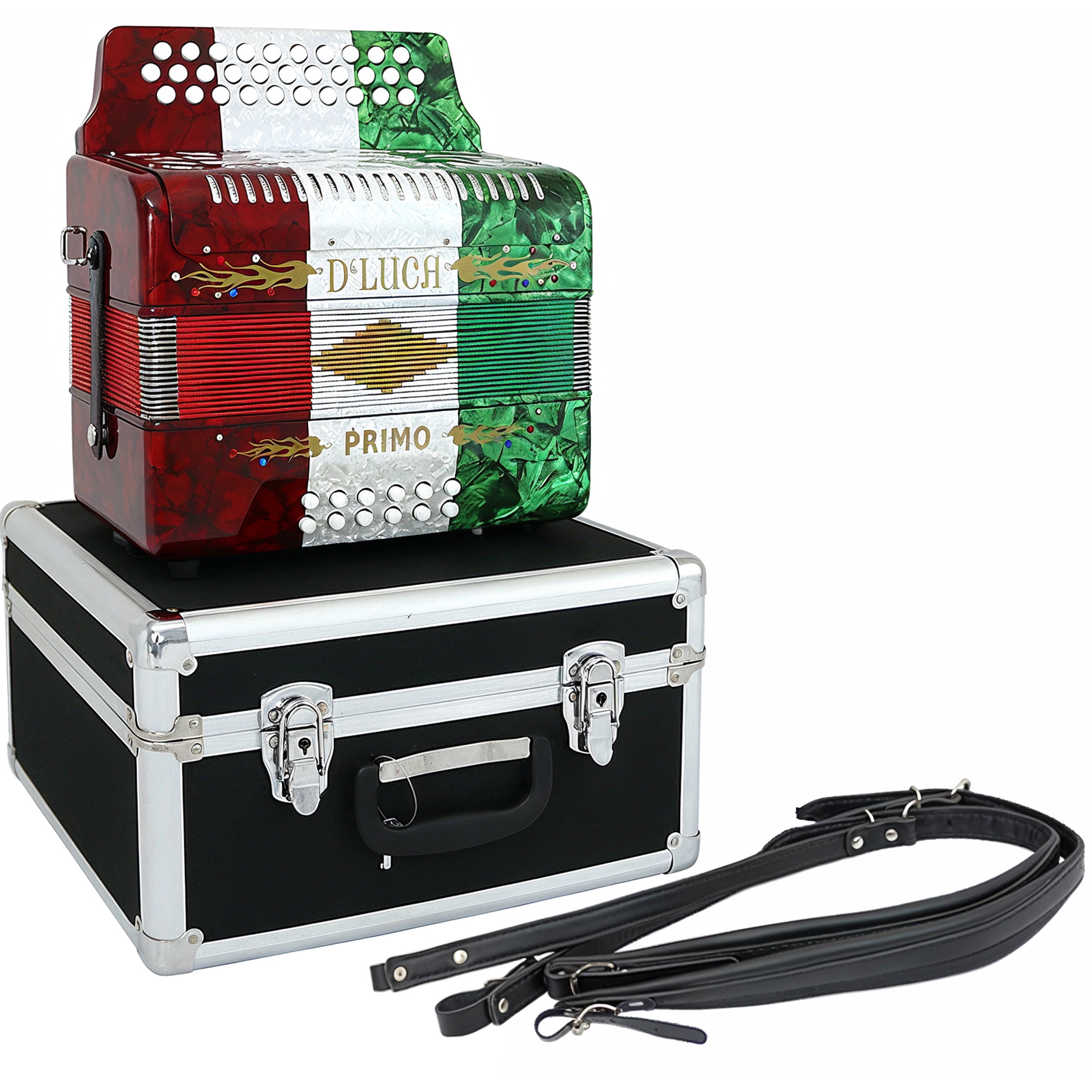 D'Luca Primo Button Accordion 31 Keys 12 Bass on GCF Key with Case and Straps, Red, White, Green
