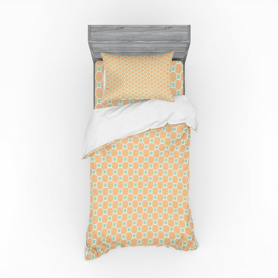Oriental Duvet Cover Set, Fantasy Squares and Motifs Repetition, Bedding Set with Shams and Fitted Sheet, 3 Sizes, by Ambesonne