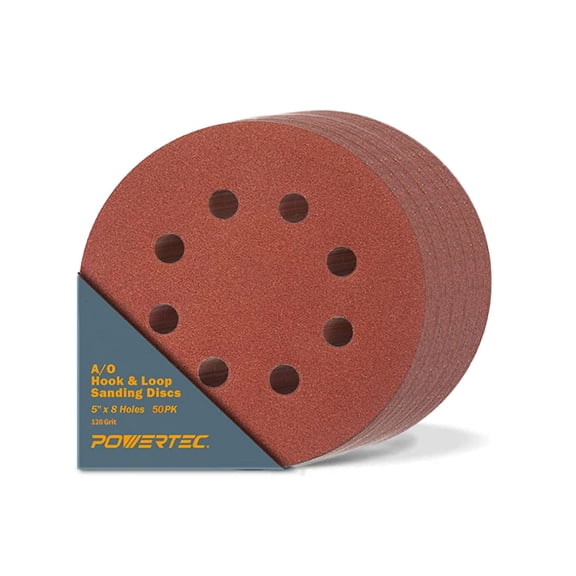 POWERTEC 50PK 5-Inch 8 Hole Hook and Loop 120 Grit Sanding Discs, Sandpaper for Random Orbital Sanders, 45012-P2