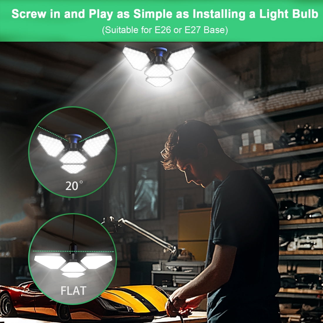 Watfal LED Garage Ceiling Light 120W, 4 Adjustable Panels Total 15000 Lumen 6500K Bay Light, E26/E27 Base for Shop, Warehouse