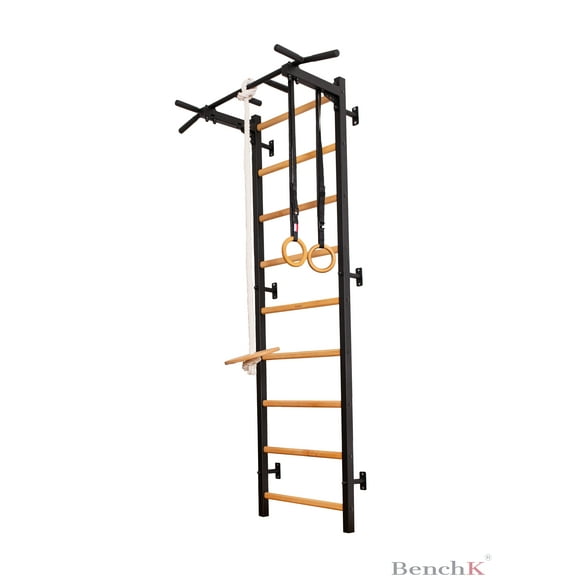 BenchK 721 Black   A076 Wall bars  with fixed steel 6-grip pull-up bar and gymnastic accessories