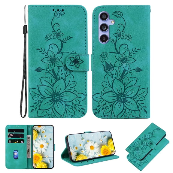 Allytech Slim Wallet Case for Samsung Galaxy S23 FE, Premium PU Leather Cover with Fashion Flower Pattern, Card Slots & Kickstand Magnetic Clasp Shockproof Dustproof Case with Lanyard - Green