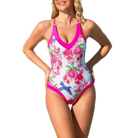 ZheElen Maillot de Bain une Pièce Rétro Vintage pour Femmes, Maillot de Bain Modeste et à la Mode, Maillot de Bain Ajustable, Oiseau Rouge Rose TG 1ensemble