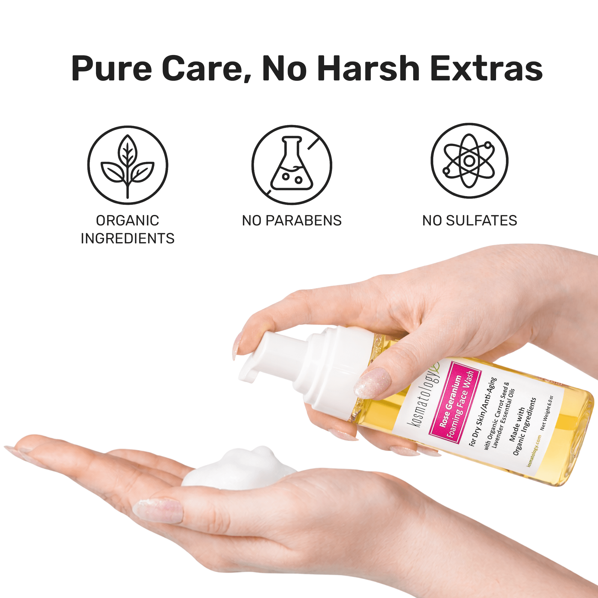 kosmatology® Rose Geranium Face Wash | Smooths Skin | Reduces Fine Lines, Wrinkles & Puffiness | Gentle Foaming Cleanser with Natural Ingredients for Youthful Skin | 6 oz