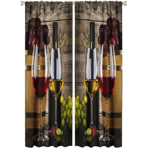 Wine Kitchen Curtains Fresh Fruit Grapes Wooden Vintage Rustic Farmhouse Bedroom Living Room Blackout Rod Pocket Decoration Window Drapes 2 Panels W21xL63in