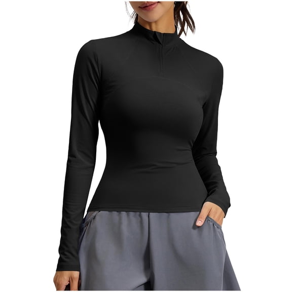 thefmos Women's Half Zip Athletic Top Long Sleeve Slim Fit Solid Color Pullover Tops Running Yoga Gym Workout Outfit, Black M