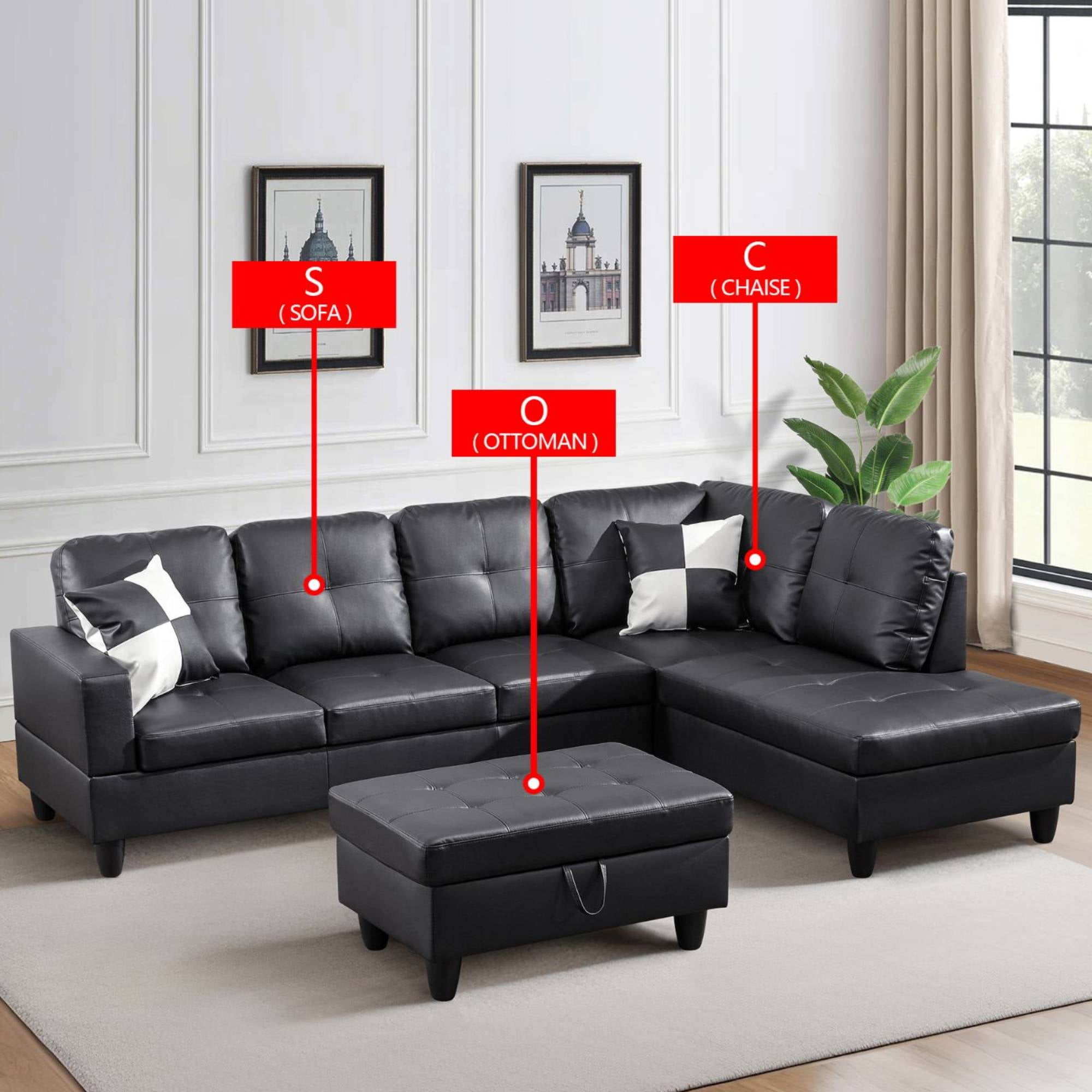 Modern Sectional Sofa Couch, 4-Seaters Leather Sleep Sofa with Right Chaise Lounge , Ottoman Furniture Sets for Living Room