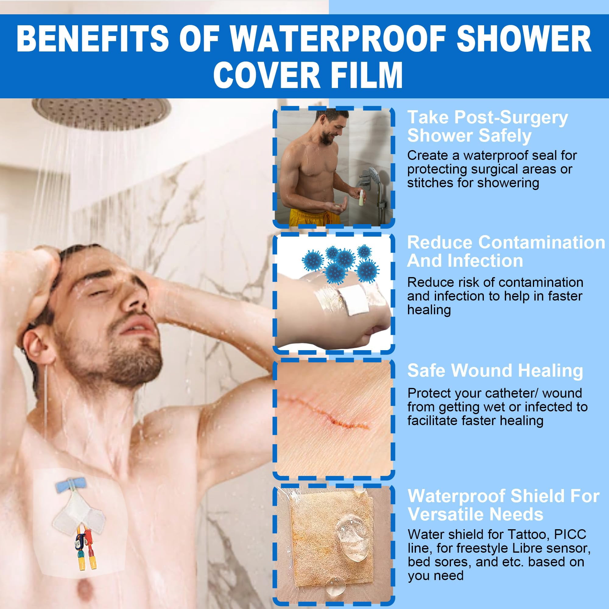20Pcs Shower Covers, 9 x 9inch PICC Line Shower Cover Incision Stitches Wound Shower Protector Heart Monitor Waterproof Bandage Dressings Protection for Showering After Surgery