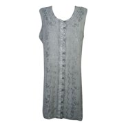 Mogul Womens Shift Dress Embroidered Button Front Sleeveless Grey Tank Dresses