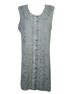 Mogul Womens Shift Dress Embroidered Button Front Sleeveless Grey Tank Dresses