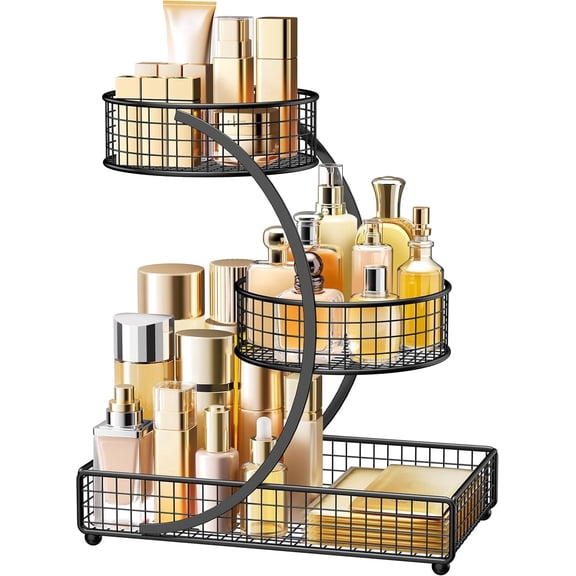 Makeup Organizer for Vanity, 3 Tier Metal Bathroom Countertop Organizers Skin Care Storage, Bathroom Counter Shelf Skincare Holder Perfume Cosmetic Display, Black