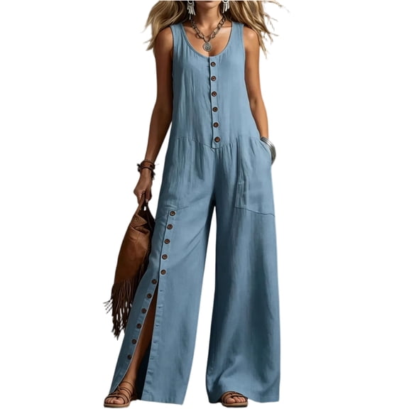 JULMCOMO Linen Jumpsuits for Women Scoop Neck Button Down Summer Outfits Sleeveless Hem Slit with Buttons Wide Leg Loose Fit Jumpsuits Blue L
