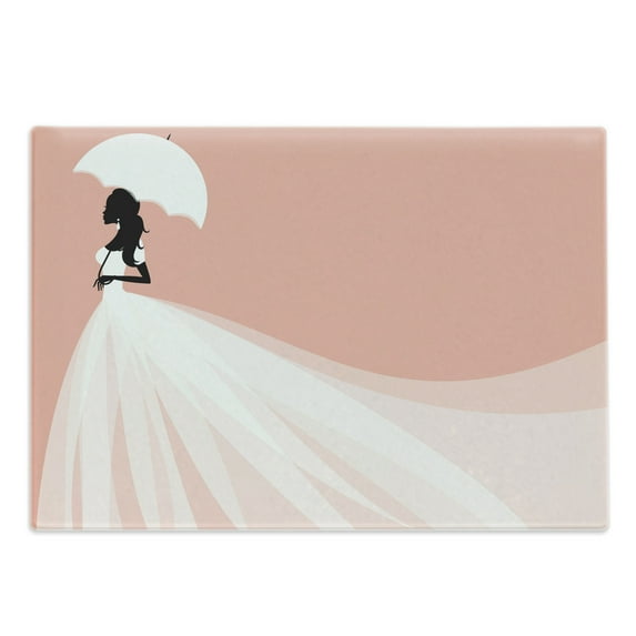 Bridal Shower Cutting Board, Bride in Abstract Romantic Wedding Dress with Umbrella Art Print, Decorative Tempered Glass Cutting and Serving Board, Large Size, Salmon and White, by Ambesonne