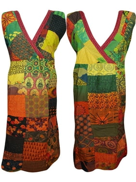 Mogul Bohemian Boho Chic Colorful Sleeveless Cotton Patchwork Ethnic Summer Dresses M