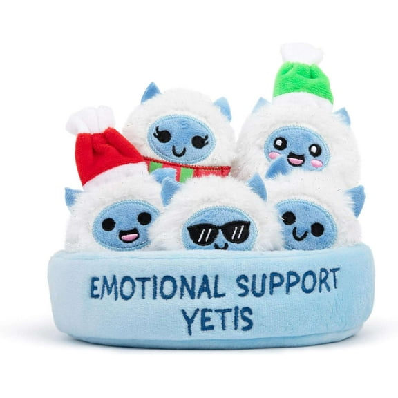Emotional Support Yetis Plush Toys by Emotional Support Pals, 5 Mini Plushies with Carrying Basket, Funny White Elephant Gifts