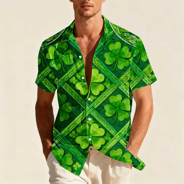 Blusa y camisa hawaiana de manga corta con cuello vuelto para hombre, camisa unisex de verano para playa, informal, de manga corta, con botones, ropa estampada para el Día de San Patricio, blusa para