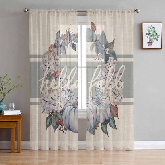 Blue Fall Sheer Curtains 72 Inches Long 2 Panels Set, Window Sheer Curtains for Living Room/Bedroom, Pumpkins Wreath Rustic Thanksgiving Light Filtering Rod Pocket Curtain 52'' x 72'' x 2