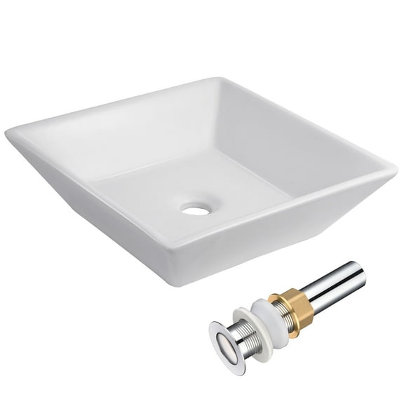 Aquaterior 16" Square Porcelain Bathroom Vessel Sink Bowl Ceramic Basin with Chrome Drain White