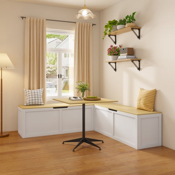 Right-angle Light-colored Storage Bench White MDF Metal Extra-large Storage Compartment Corner Banquette with Adjustable Table Easy to Assemble Space-saving for Small Apartment Customizable