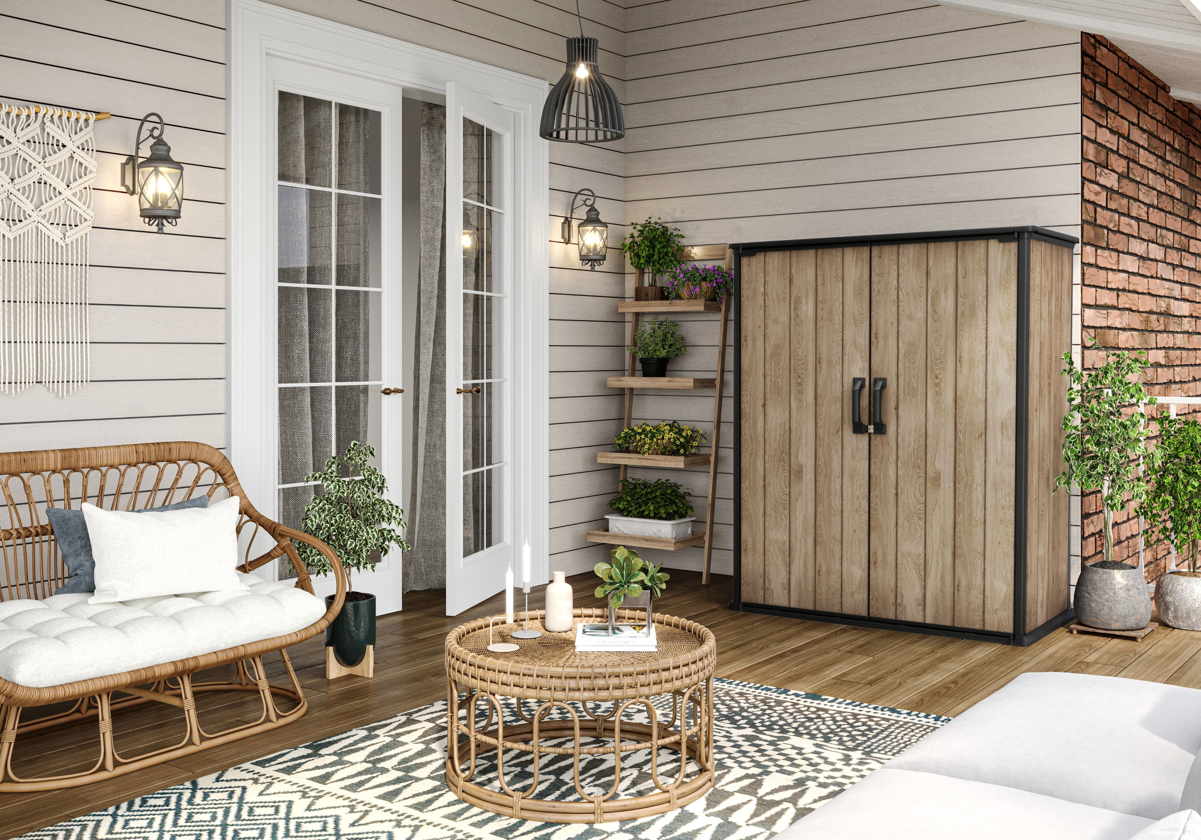 Keter Vertical 4x2 ft. Outdoor Storage Shed, Weatherproof Lockable Double Doors, Ashwood