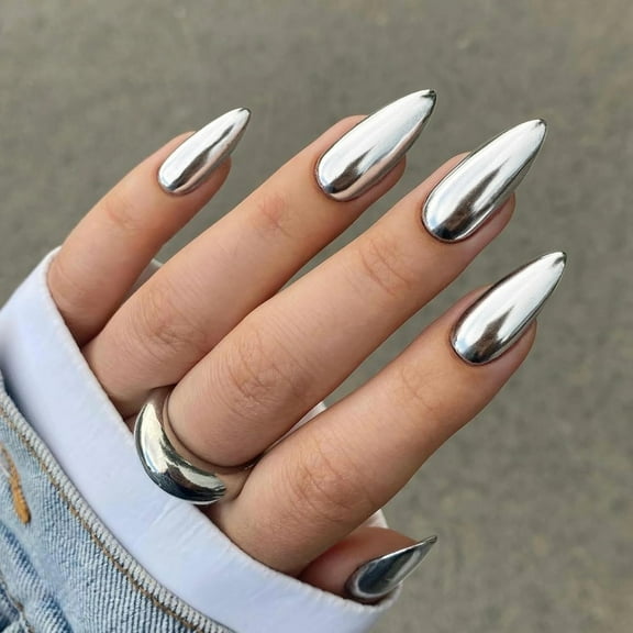 Lustrous Sliver Chrome Press on Nails Medium, Almond Fake Nails Metallic Mirrored Acrylic Nails Glue on, Glossy Stiletto False Nails for Women, Reusable Stick On Nails, 12 Sizes - 24 Nails Kit Pink