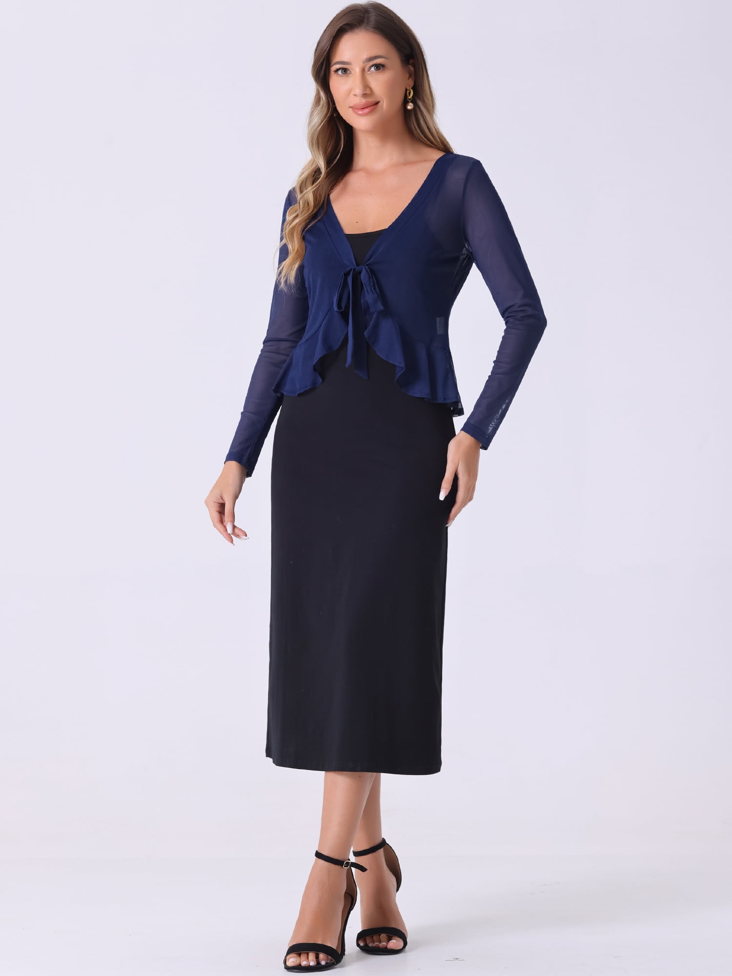 DARING DIVA Women's Ruffle Mesh Shrug Long Sleeves Self Tie Casual Bolero Cardigan M Dark Blue