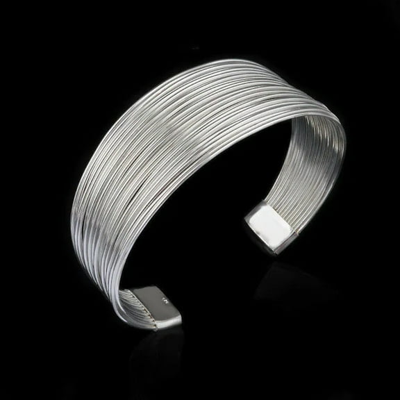 EOEMY 925 Sterling Solid Silver Bangle Multiple Line Cuff Womens Fashion Bracelet -Default