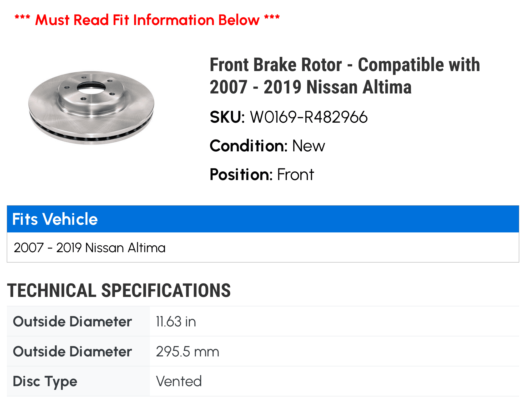 Front Brake Rotors For Nissan Altima 2007-2023 - 11.65 Inch Vented Disc Brakes Replacement Kit