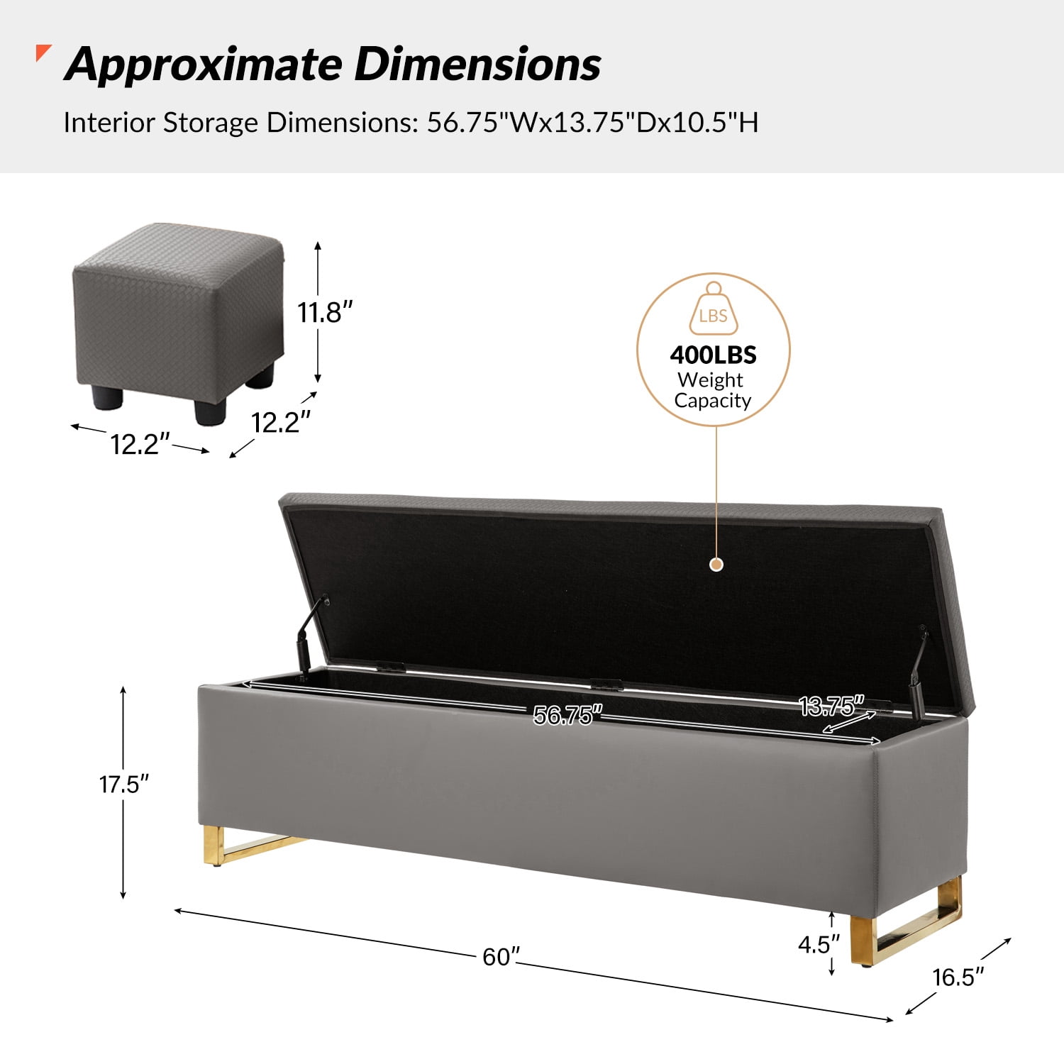 Tina's Home Storage Bench with 2 Nesting Ottomans,  Upholstered Entryway Bench with Stainless Steel Legs Modern Seating for Living Room, Bedroom  Grey