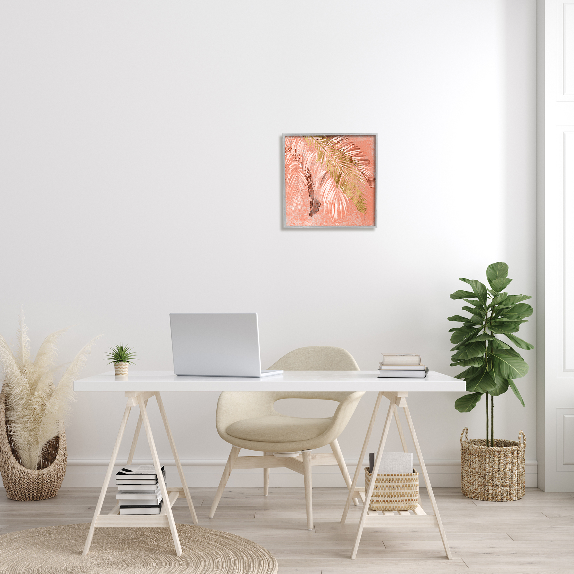 Falling Palm Tree Fronds Tropical Pink Plants Landscape Framed Art Print Wall Art, 17x17