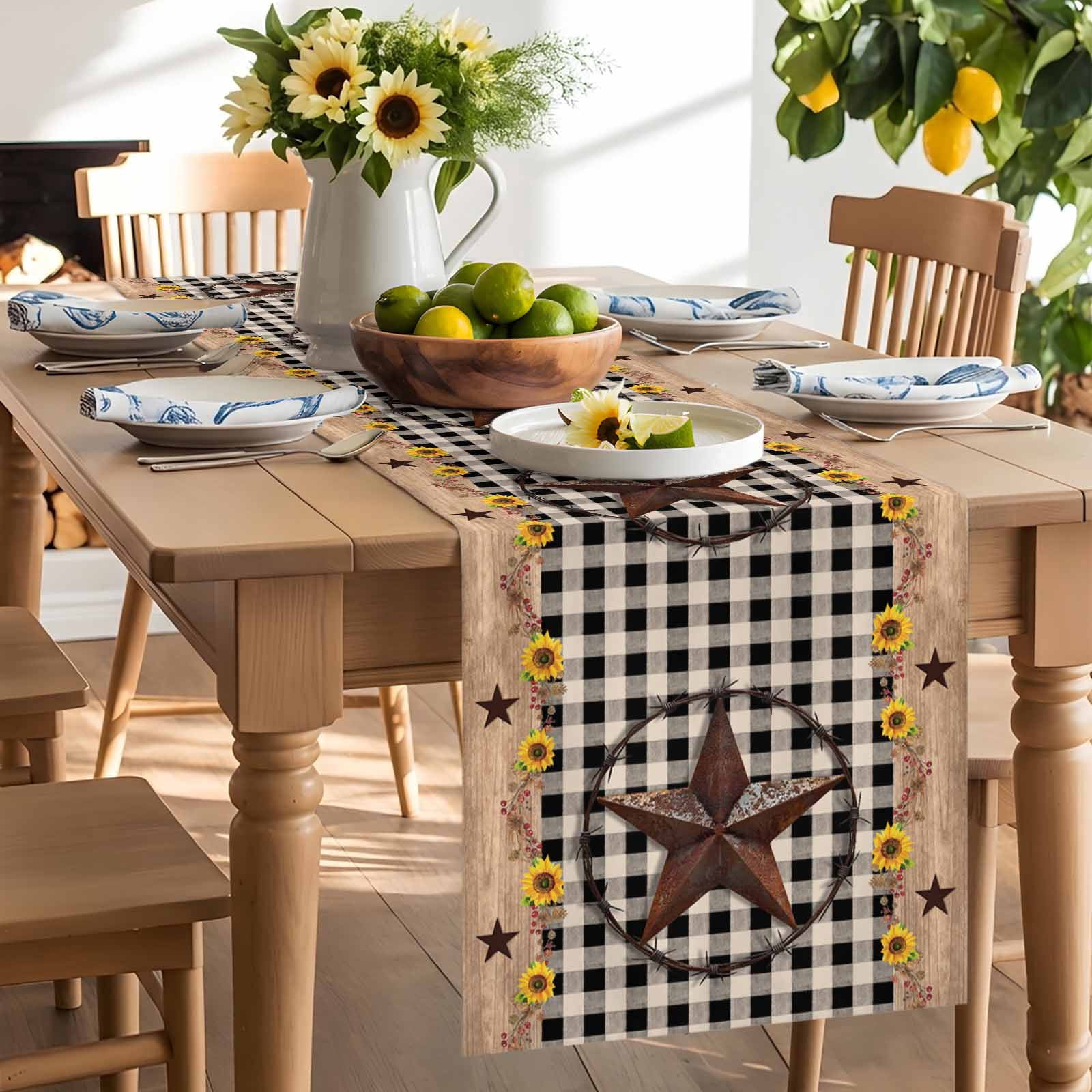 Western Star Farm Sunflower Table Runner 90 Inches Long, Vintage Wood Grain Black Buffalo Plaid Table Runners Tabletop Scarf Kitchen Dining Tables Decoration for Home Party Indoor Outdoor