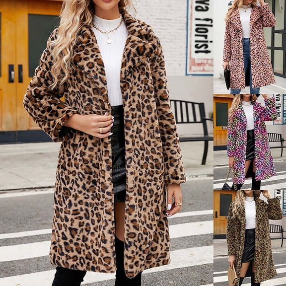 YANHAIGONG Womens Long Fleece Leopard Faux Fur Caot Jackets Fall Winter Turndown Collar Long Sleeves Leopard Coats Loose Fur Coat Christmas Overcoat Outerwear