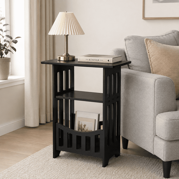 Small Side Table With Storage Narrow End Table With Open Shelf For Bedroom Living Room, Compact Bedside Nightstand For Small Spaces Black