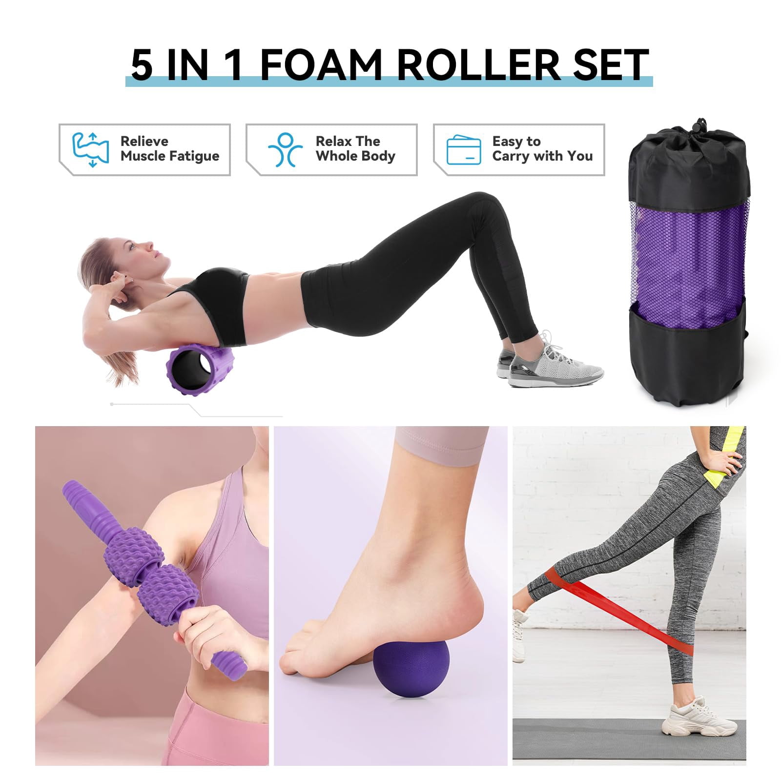 5 In 1 Foam Roller Set  High Density Fitness Exercise For Deep Tissue Massage Ball Resistance Band Whole Body(purple)